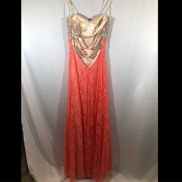 NEW La Femme [ 6 ] Embellished Jeweled Strapless‎ Lace Gown in Hot Coral - Picture 4 of 9